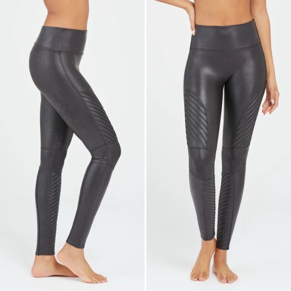 Spanx Faux Leather Moto Leggings Womens Small Black Biker Casual Vegan Shaping